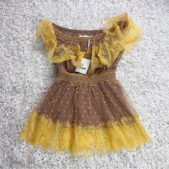 NWT Self Portrait Polka Dot Off-shoulder Tulle Top In Yellow Nude Size 4 - Picture 4 of 6